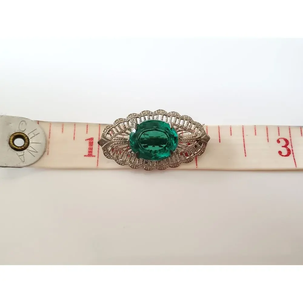 Antique Art Deco Green Glass Filagree Rhodium Plated Brooch